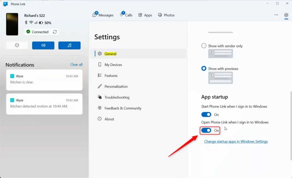 Windows 11 Phone Link app open when you sign in to Windows