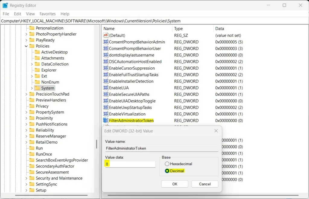 Windows built in administrator enable or disable via registry value data