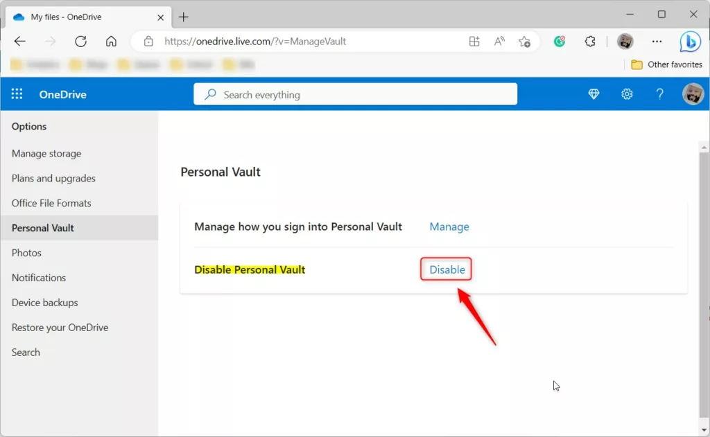 OneDrive online disable personal vault