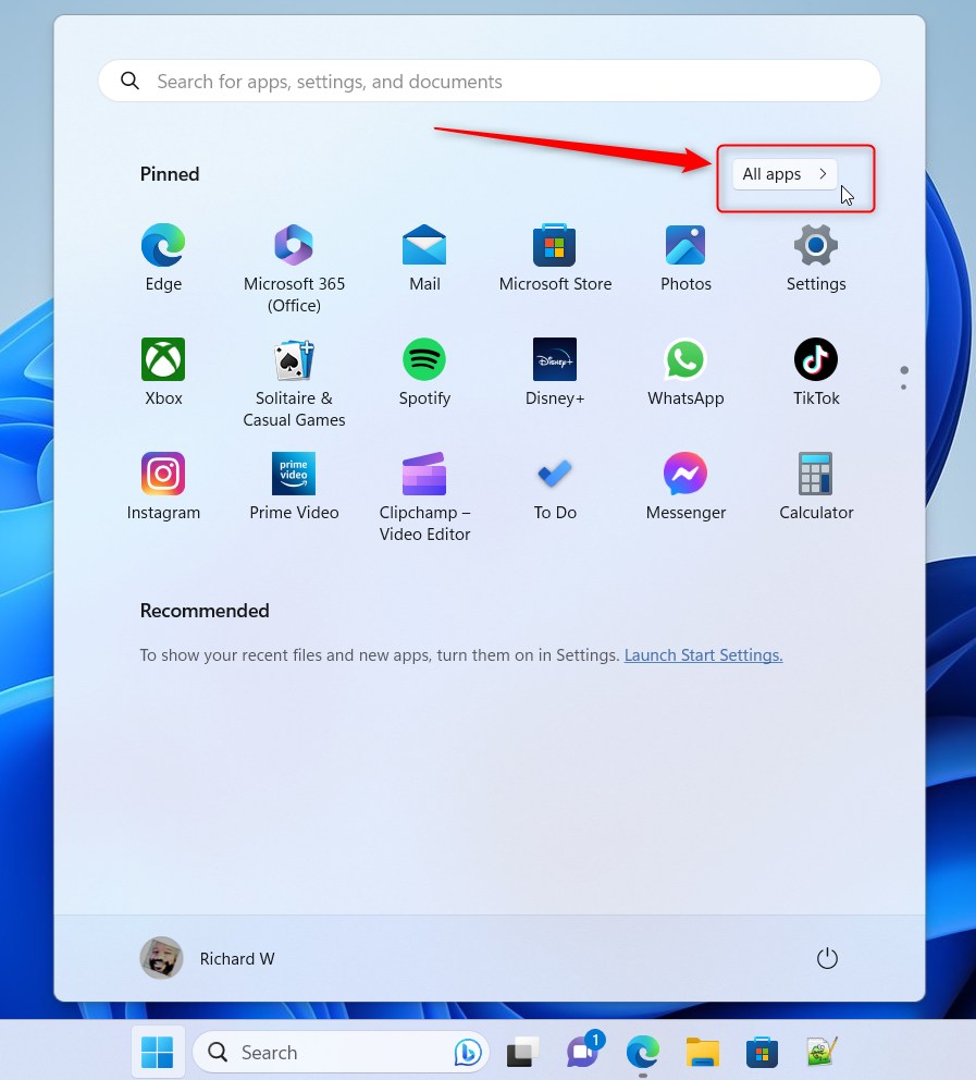 Windows 11 Start menu All app button