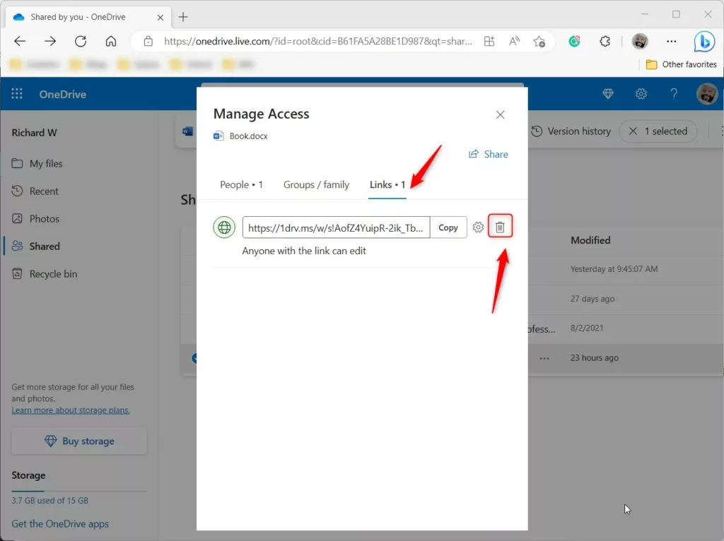 OneDrive Manage Access link delete button