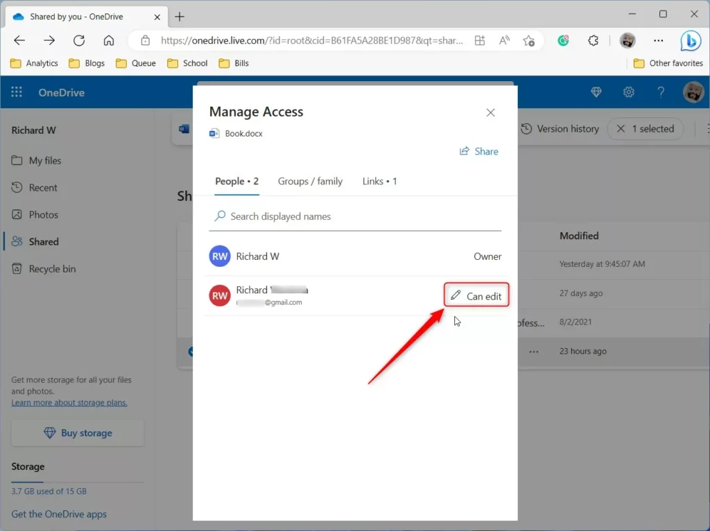 OneDrive Manage Access window online