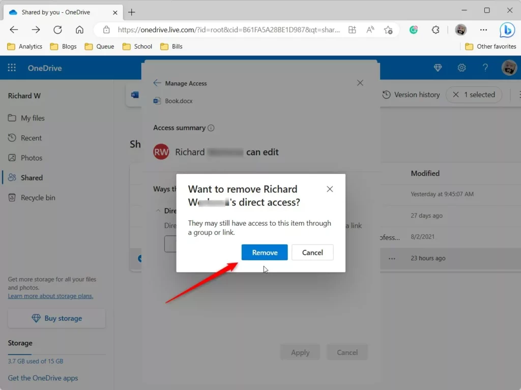 OneDrive remove direct access button