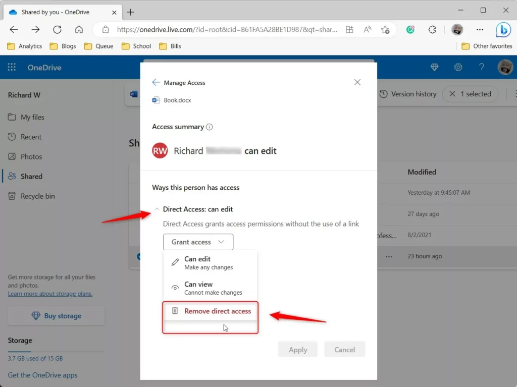 OneDrive Manage Access Direct Access edit online