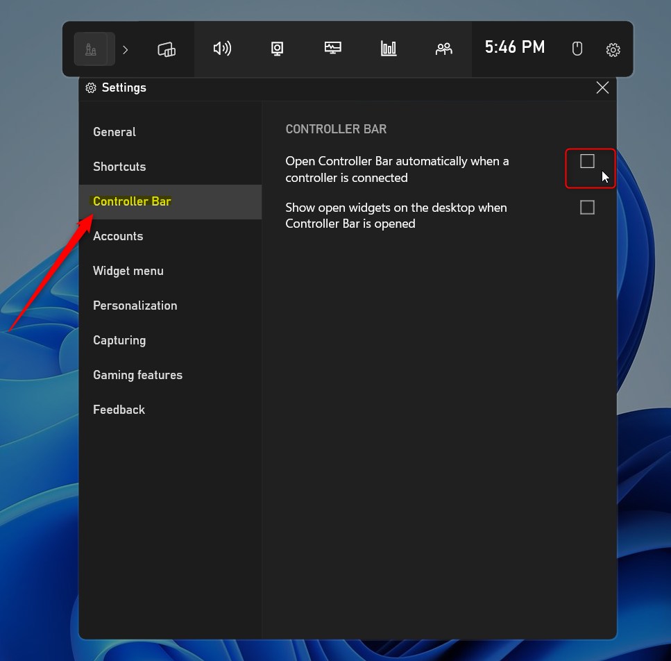 Windows 11 automatically open the Xbox controller bar when controller is connected.