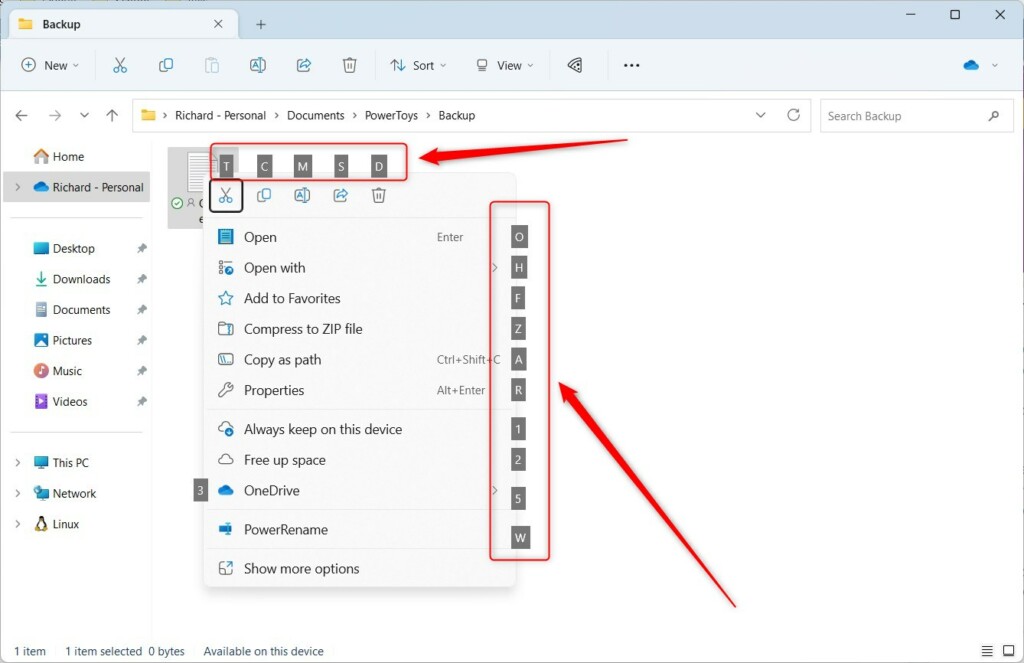 Windows 11 File Explorer with Access Keys shortcuts on context menu