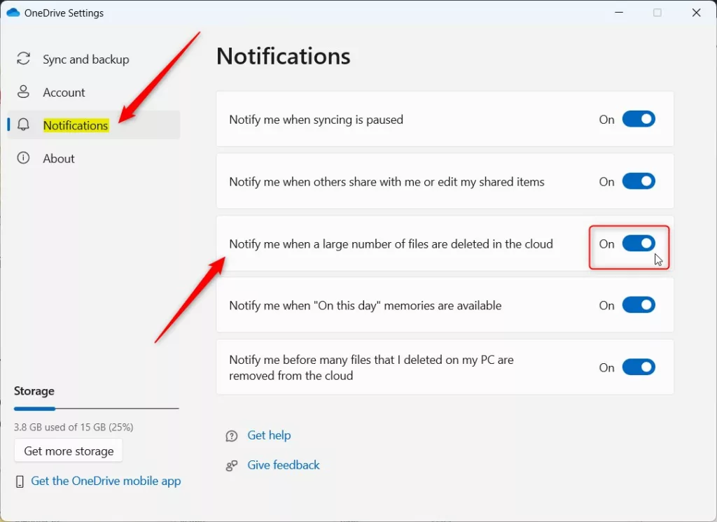 OneDrive notifications when large number of files deleted in the cloud