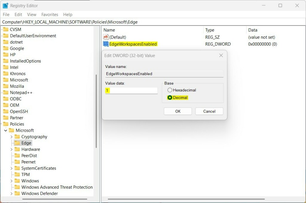 Microsoft Edge enable or disable workspaces via registry editor