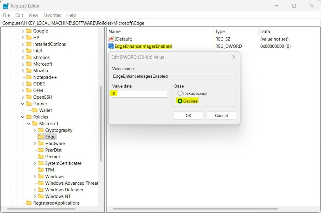 Microsoft edge image enhancement registry settings