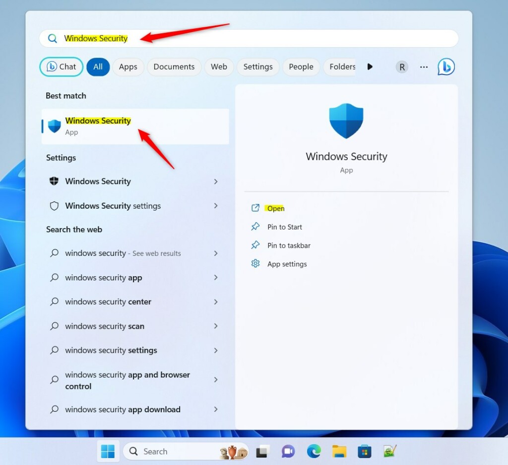 Windows 11 Windows Security app search on start menu