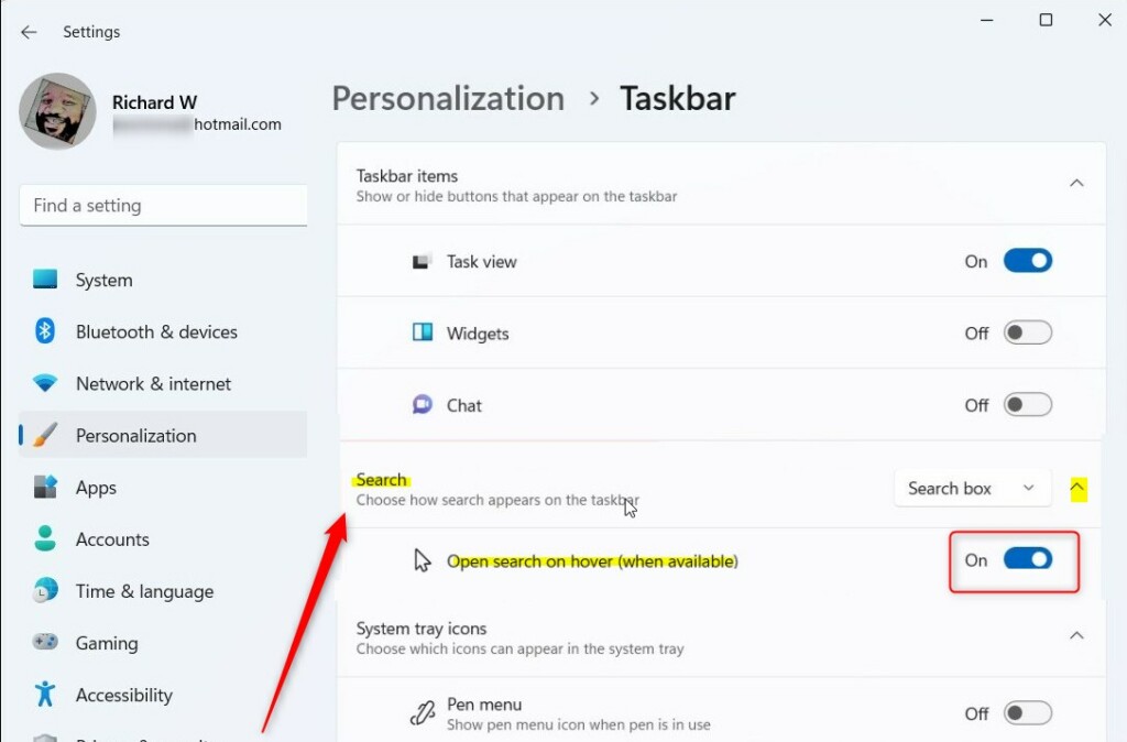 Windows 11 open search by hover Windows Settings