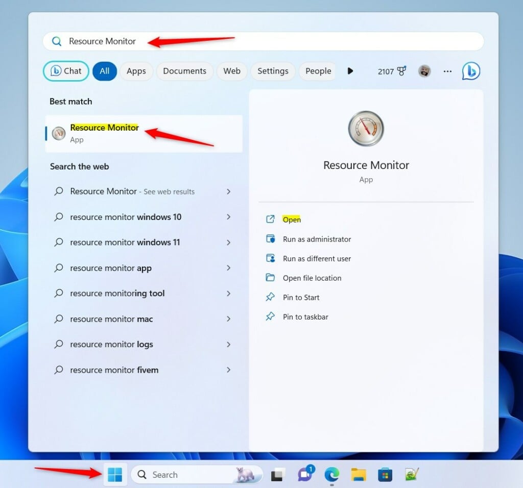 Open resource monitor from start menu