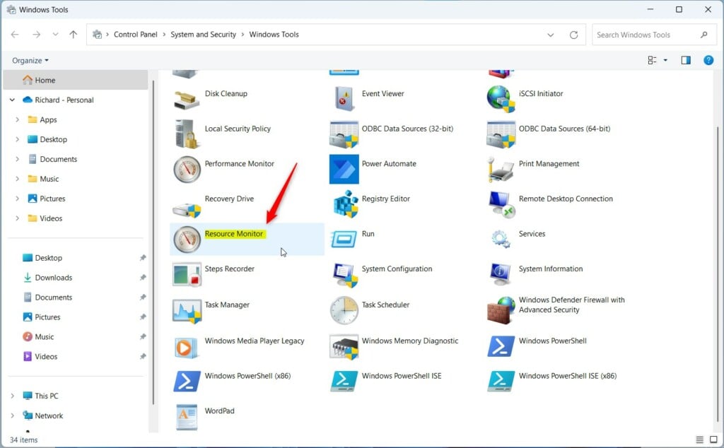 open resource monitor from windows tools