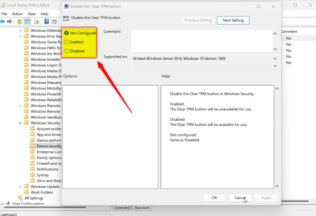 Windows 11 disable or enable clear tpm button in Windows Security app