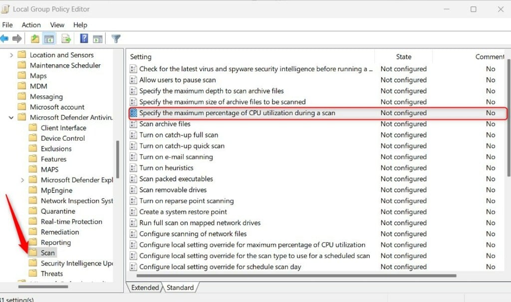 Microsoft Defender scanning options for CPU