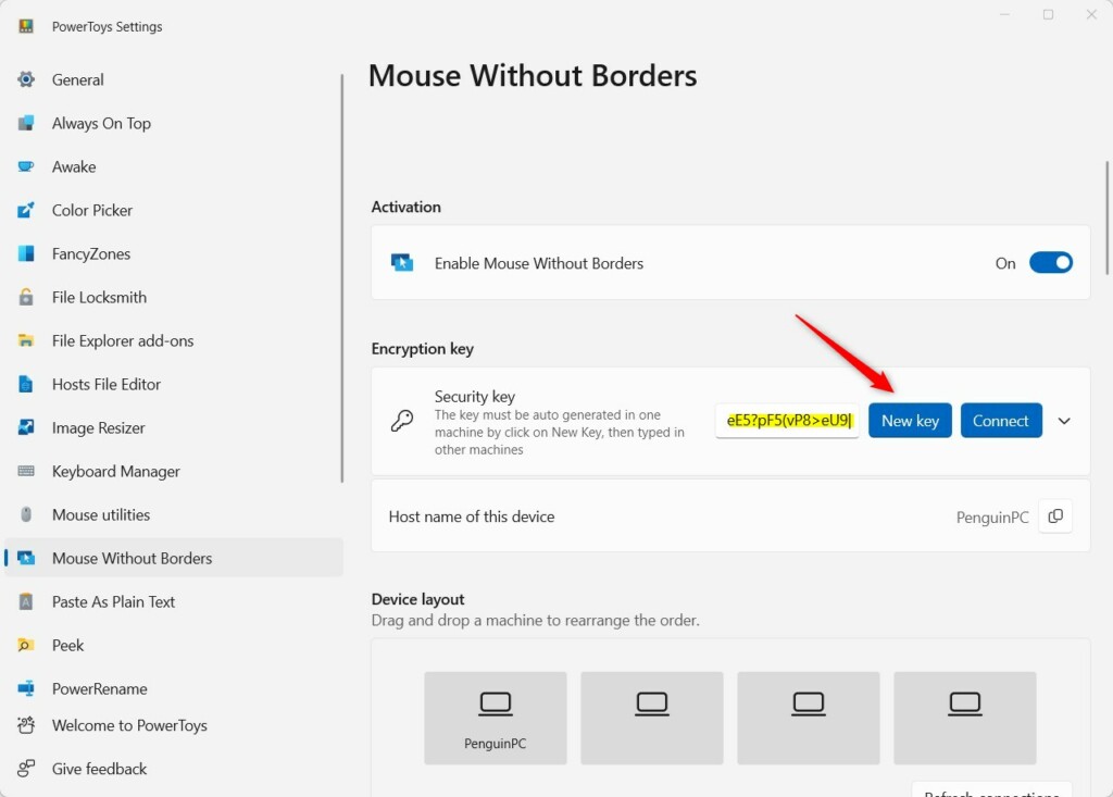 PowerToys Mouse without boarders set up on Windows 11