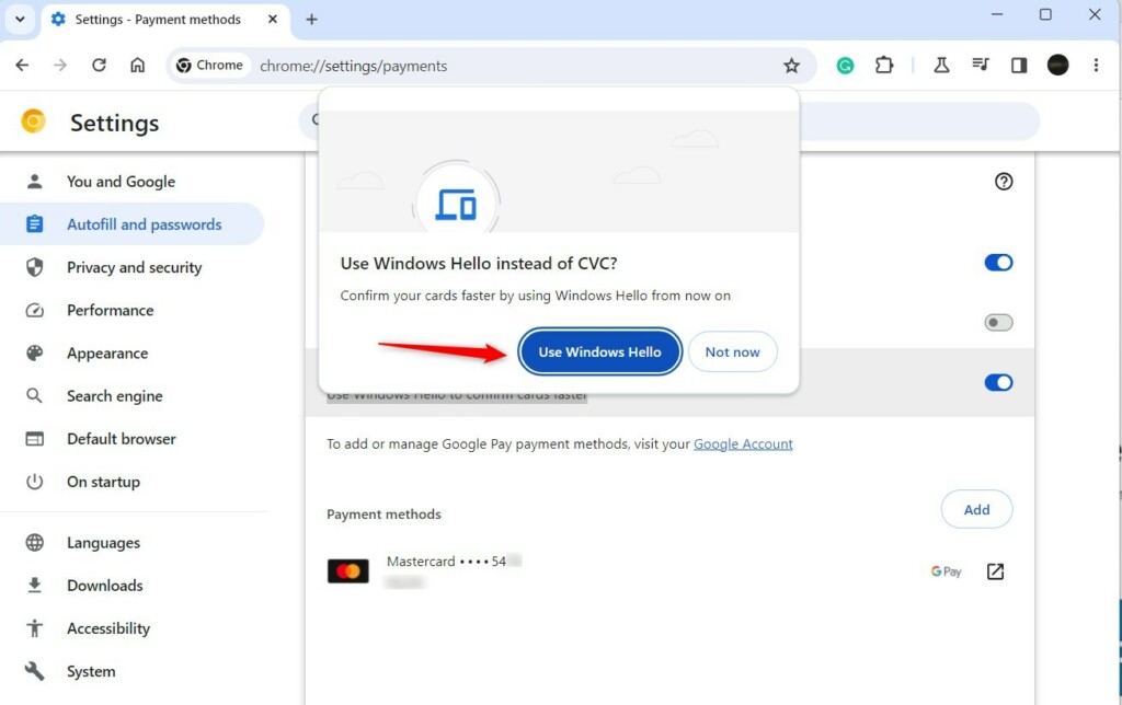 Google Chrome use Windows Hello to confirm credit cards