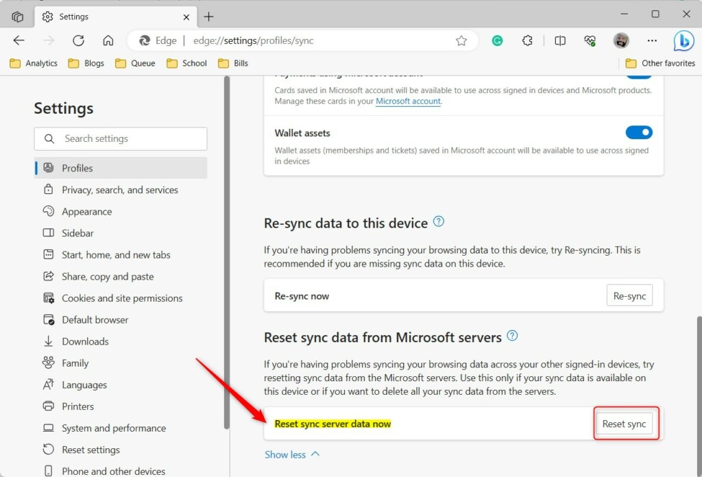 Microsoft Edge reset sync data from cloud server