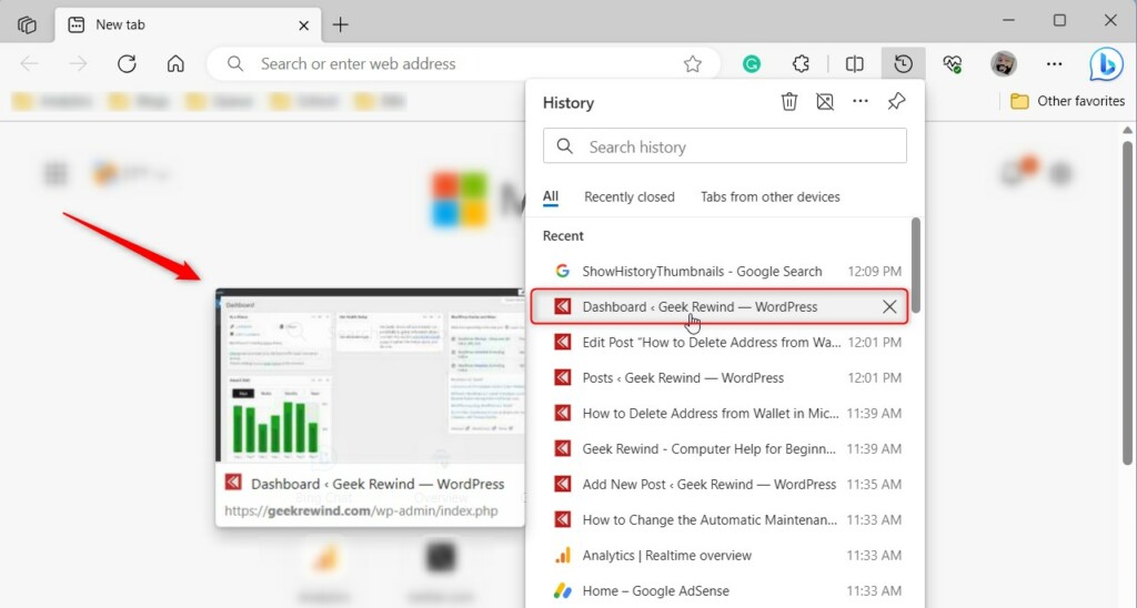 Microsoft Edge enable or disable show history thumbnail