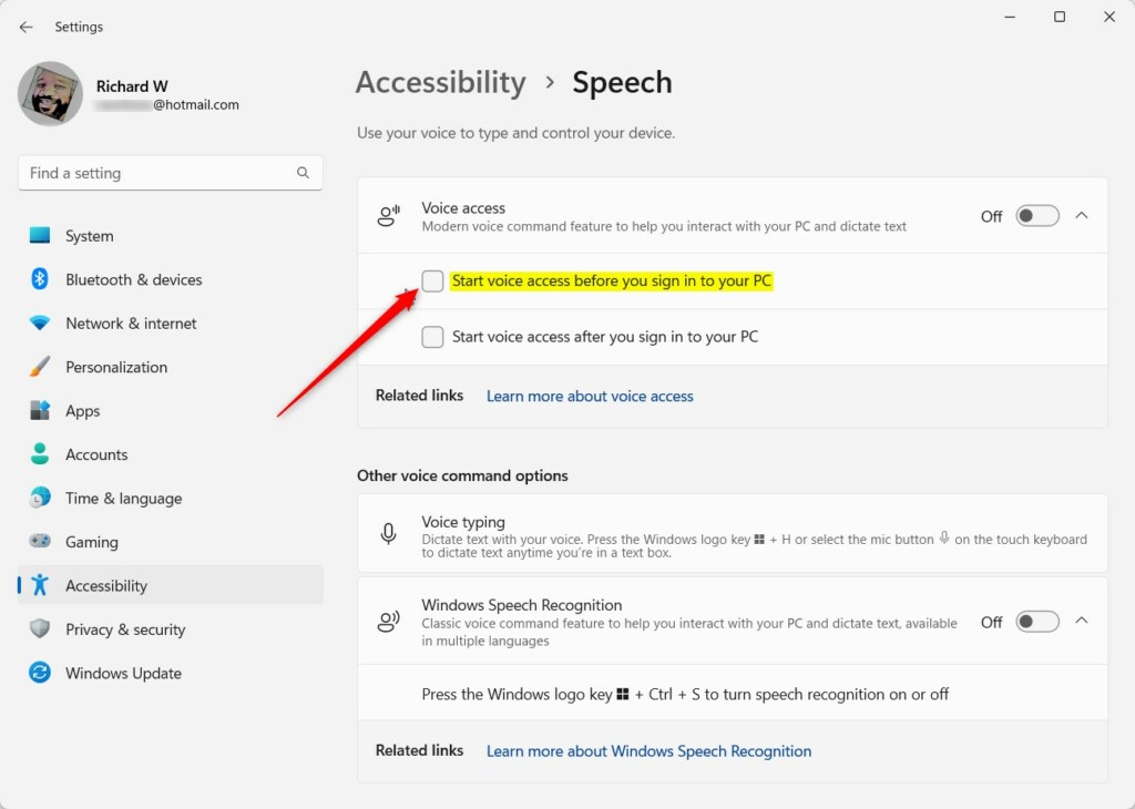 Start voice access before you sign in the PC