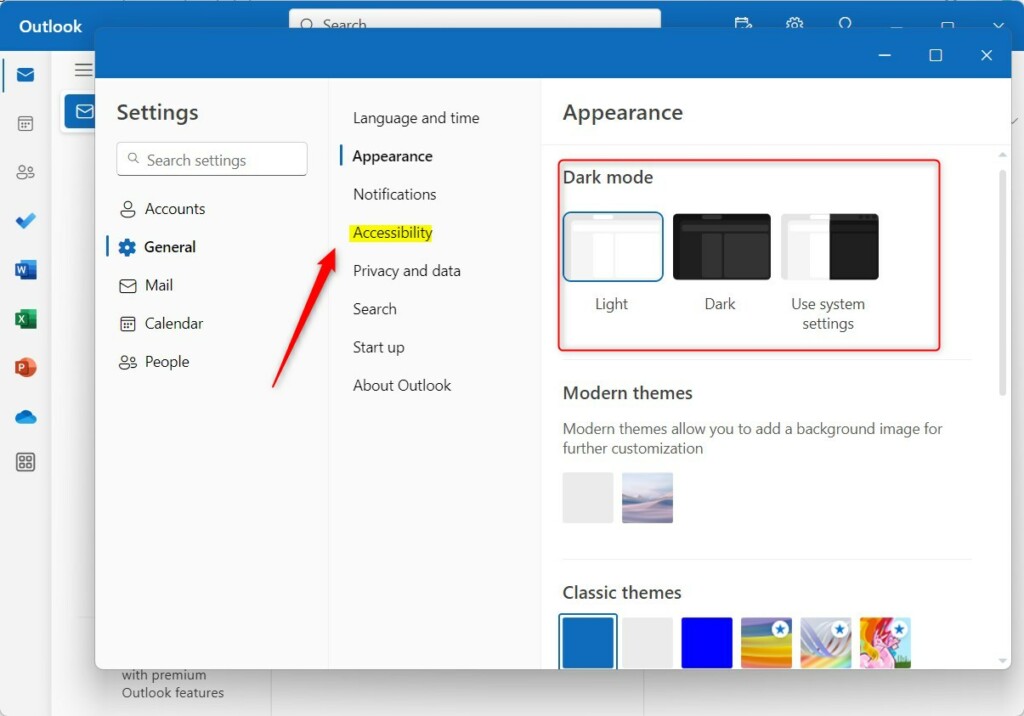 Turn dark mode on or off for Outlook app