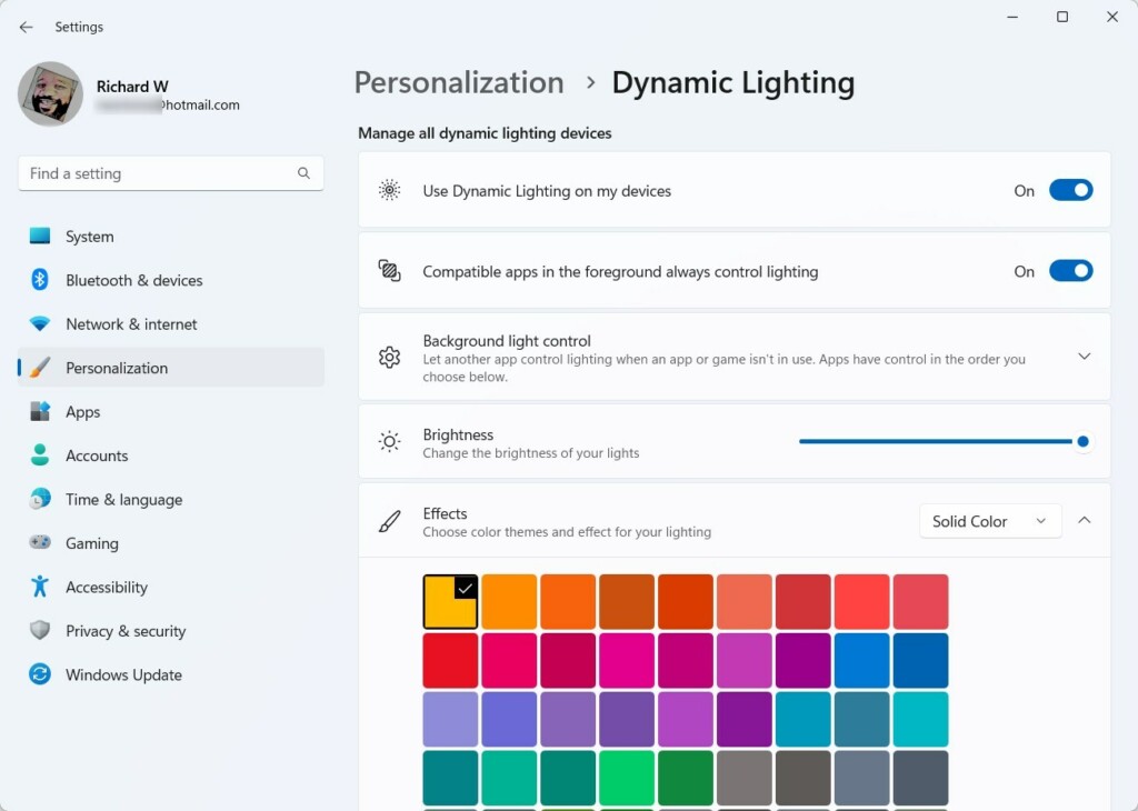 Windows 11 match my windows accent color for Dynamic Lighting devices