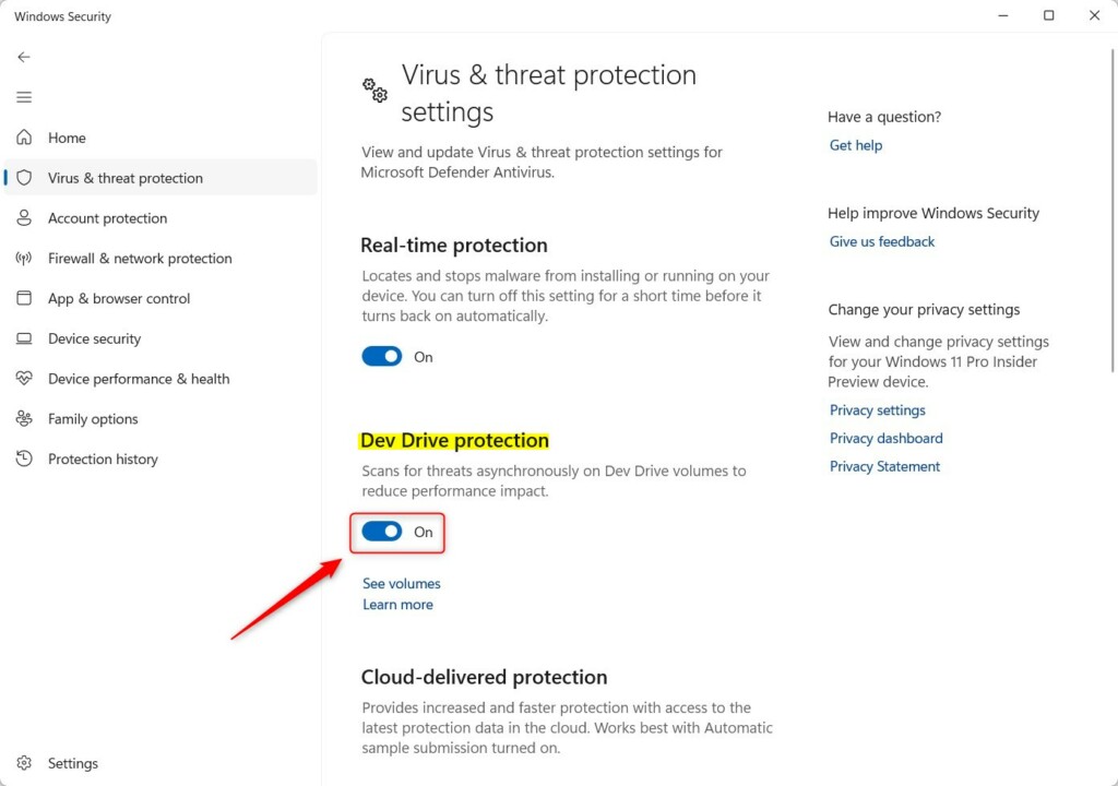 Turn on or off Dev Drive protection in Windows 11