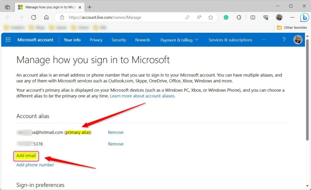 Create an alias in Microsoft account
