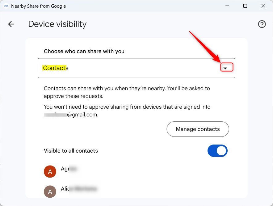 Change Android Nearby Share device visibility on Windows 11