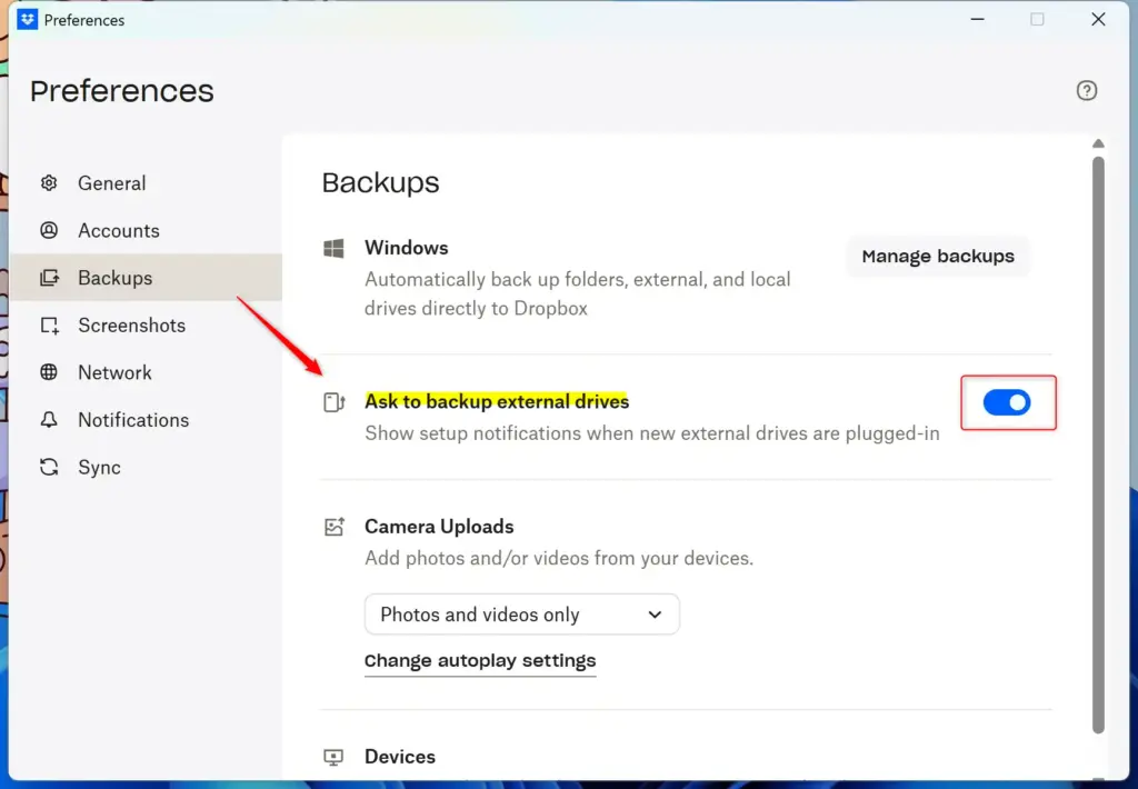 Dropbox settings window for backing up external drives on Windows 11.
