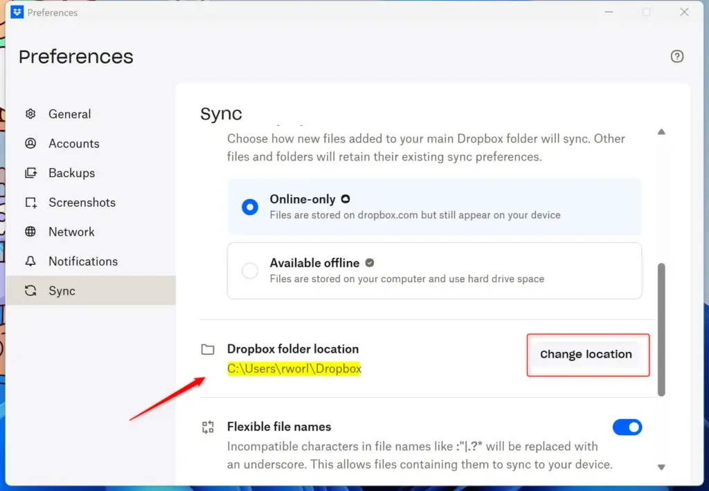 Dropbox folder location settings in Windows 11.