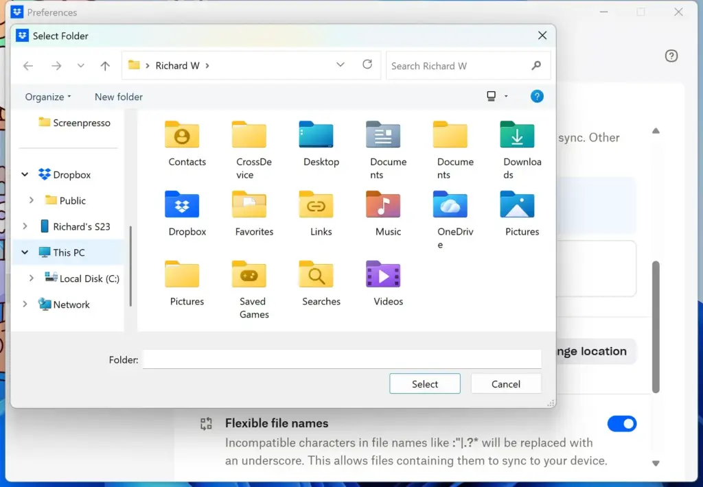 Choosing new Dropbox folder location on Windows 11.