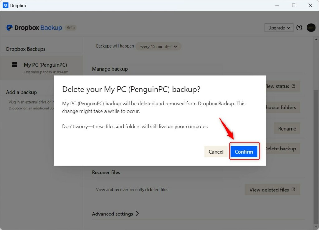 Delete backup from Dropbox on Windows 11
