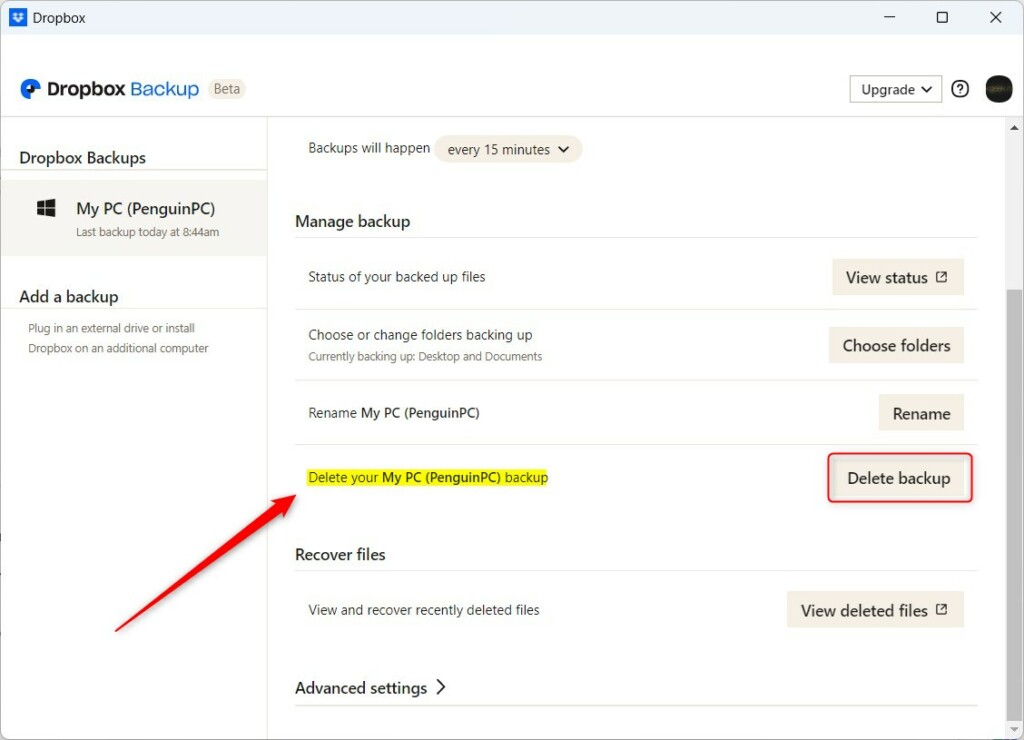 Delete backup from Dropbox on Windows 11