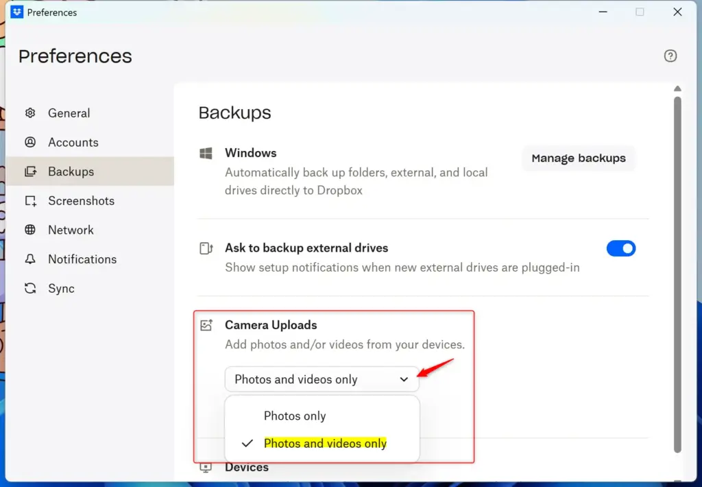 Dropbox camera uploads settings for selecting photo and video backup options.