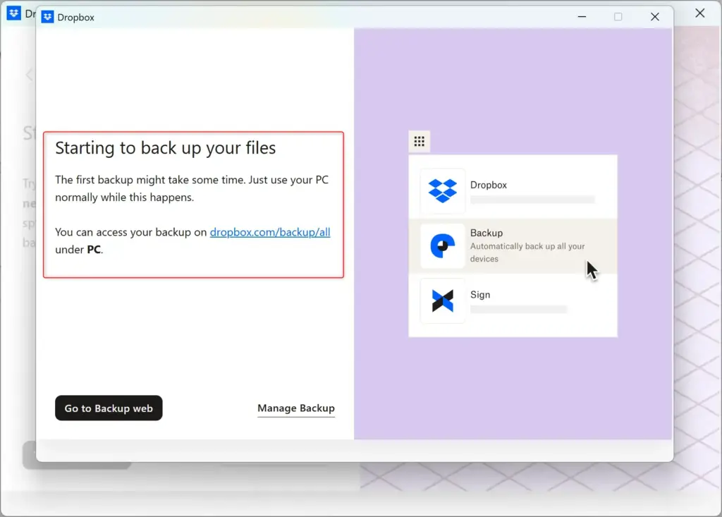 Dropbox Backup setup: select folders to back up on Windows 11.