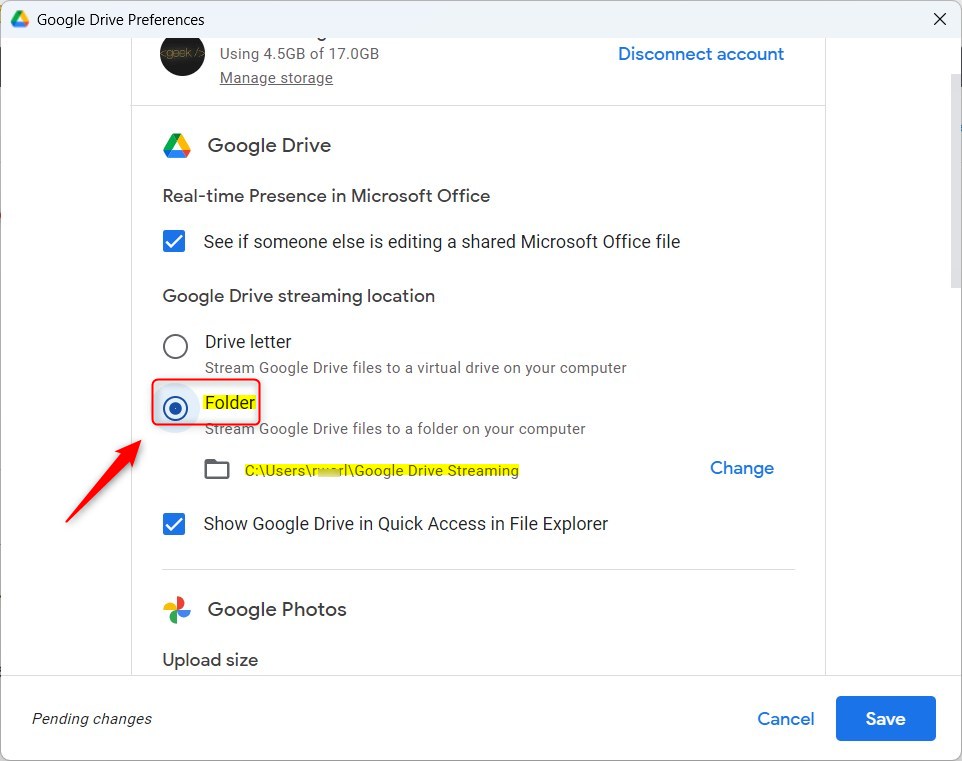Windows 11 Choose where to stream Google Drive