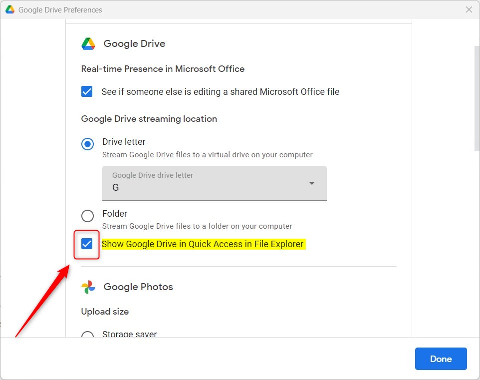 Google Drive show in quick access in File Explorer