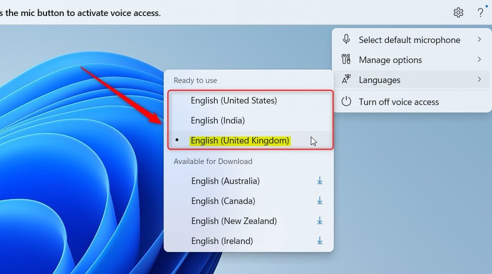 Download Voice access language in Windows 11