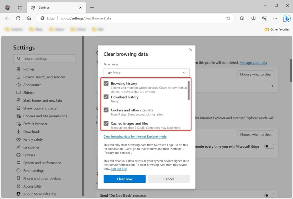 Clear browsing data in Microsoft Edge