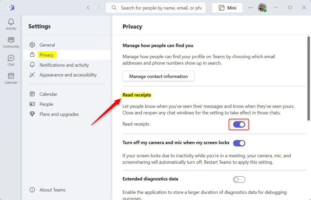 Turn read receipts on or off for Microsoft Teams