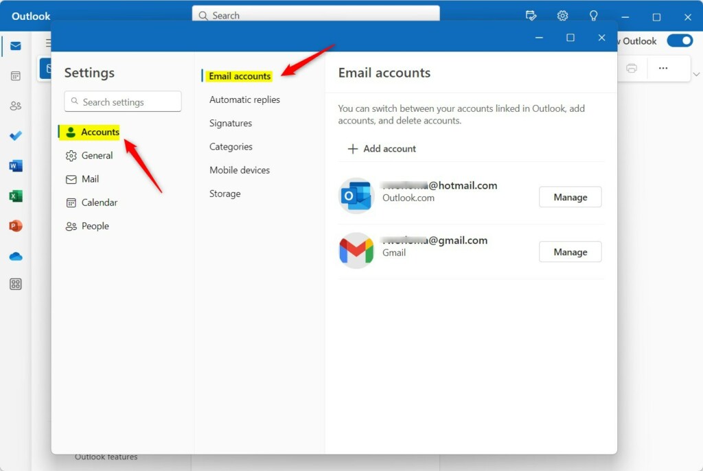 Switch the primary account in Outlook