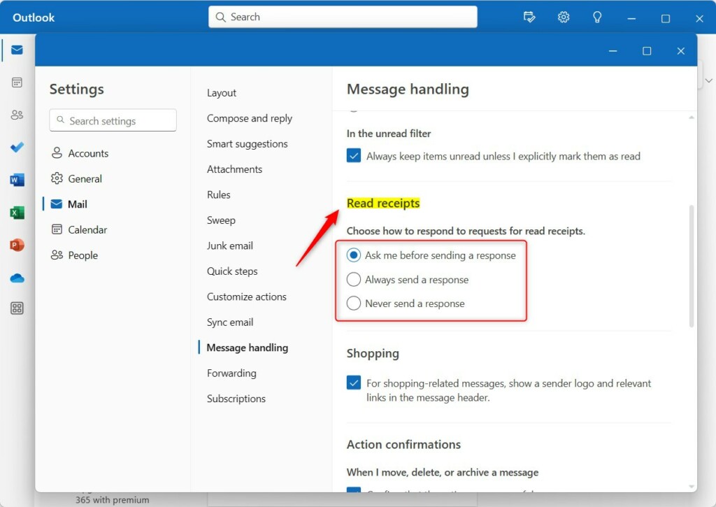 Outlook turn read receipts on or off