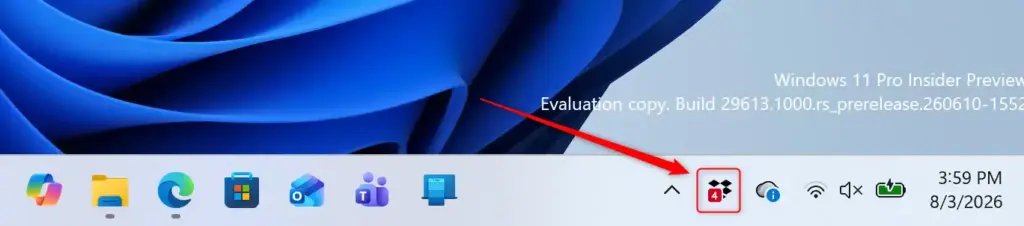Dropbox icon highlighted in the Windows 11 taskbar.