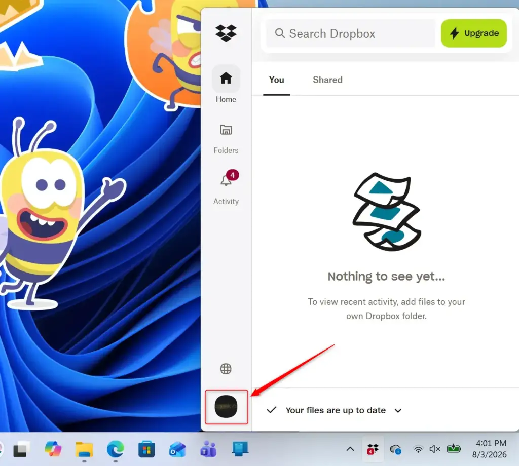 Dropbox taskbar icon menu showing profile and settings options.