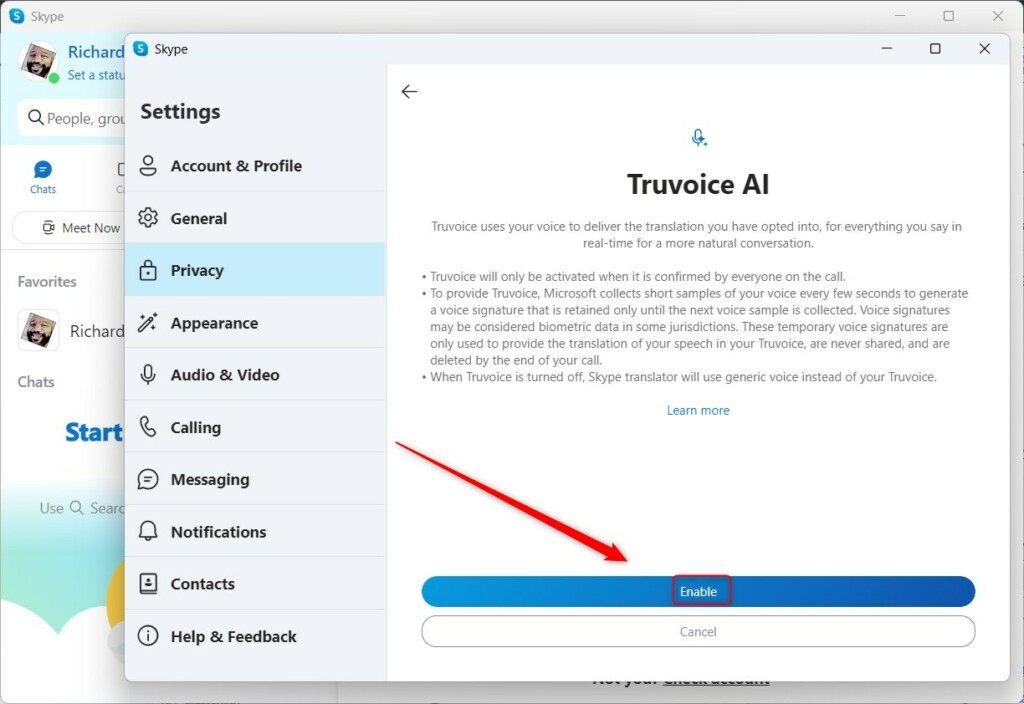Windows 11 turn on or off Truvoice AI in Skype