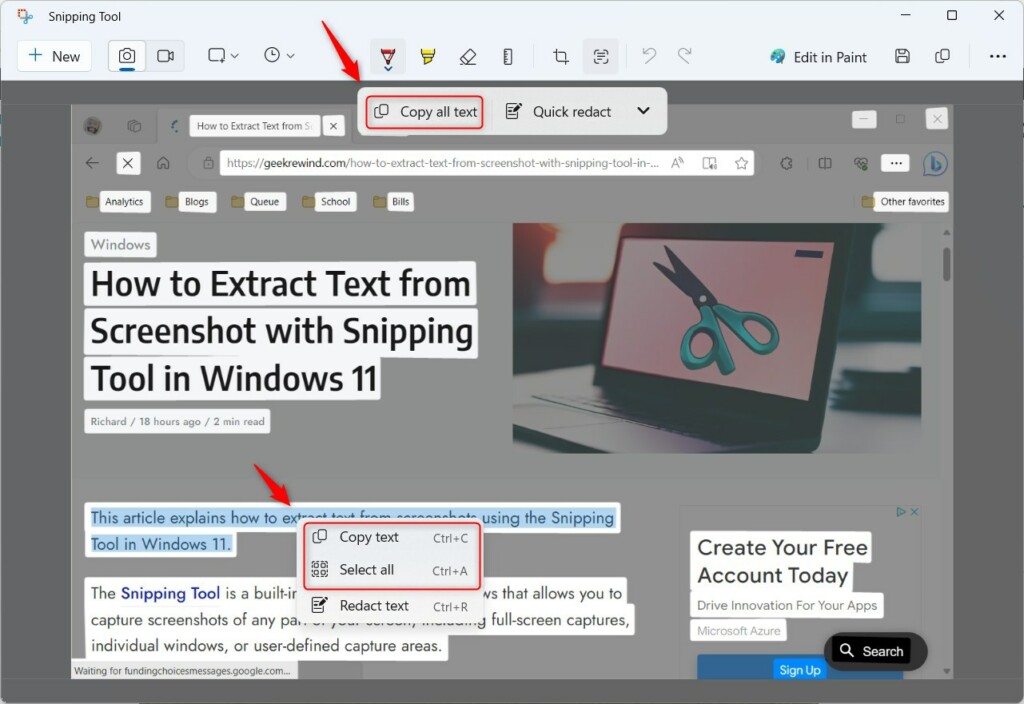 Windows 11 Snipping Tool Text Actions copy all text