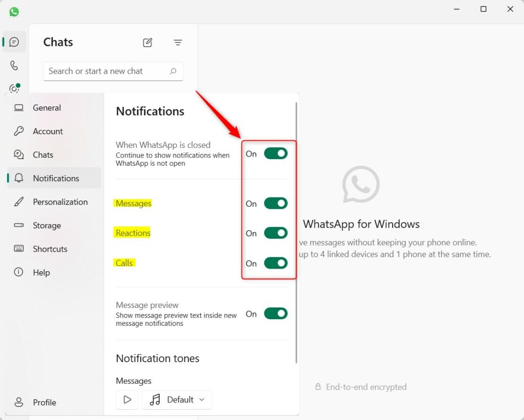 Turn notifications on or off in WhatsApp on Windows 11