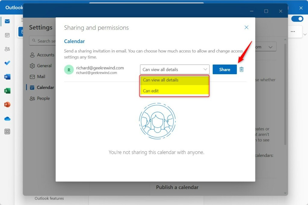 Share a calendar in Outlook on Windows 11