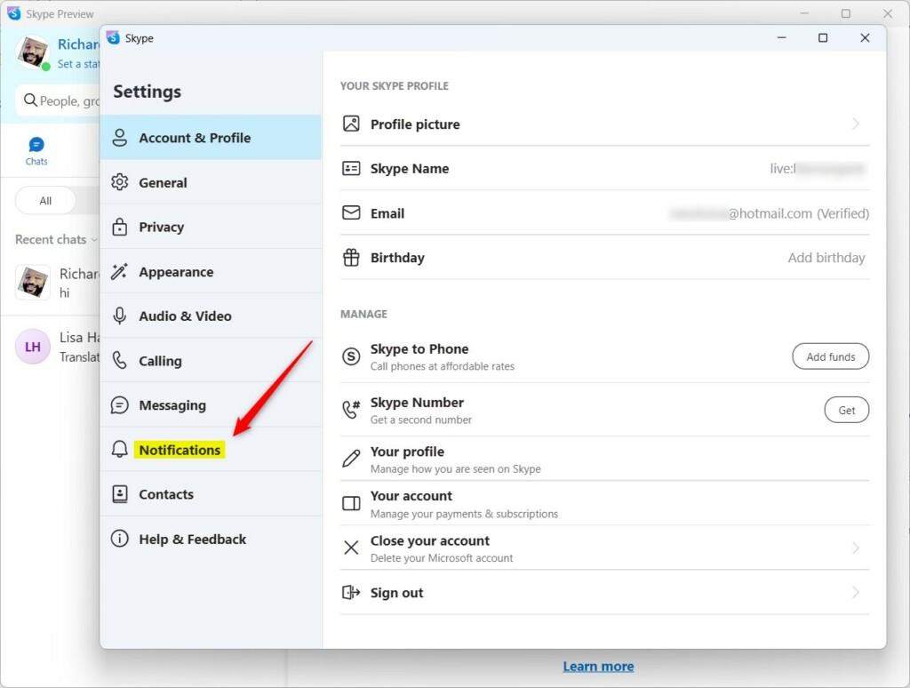 Windows 11 turn notifications on or off in Skype